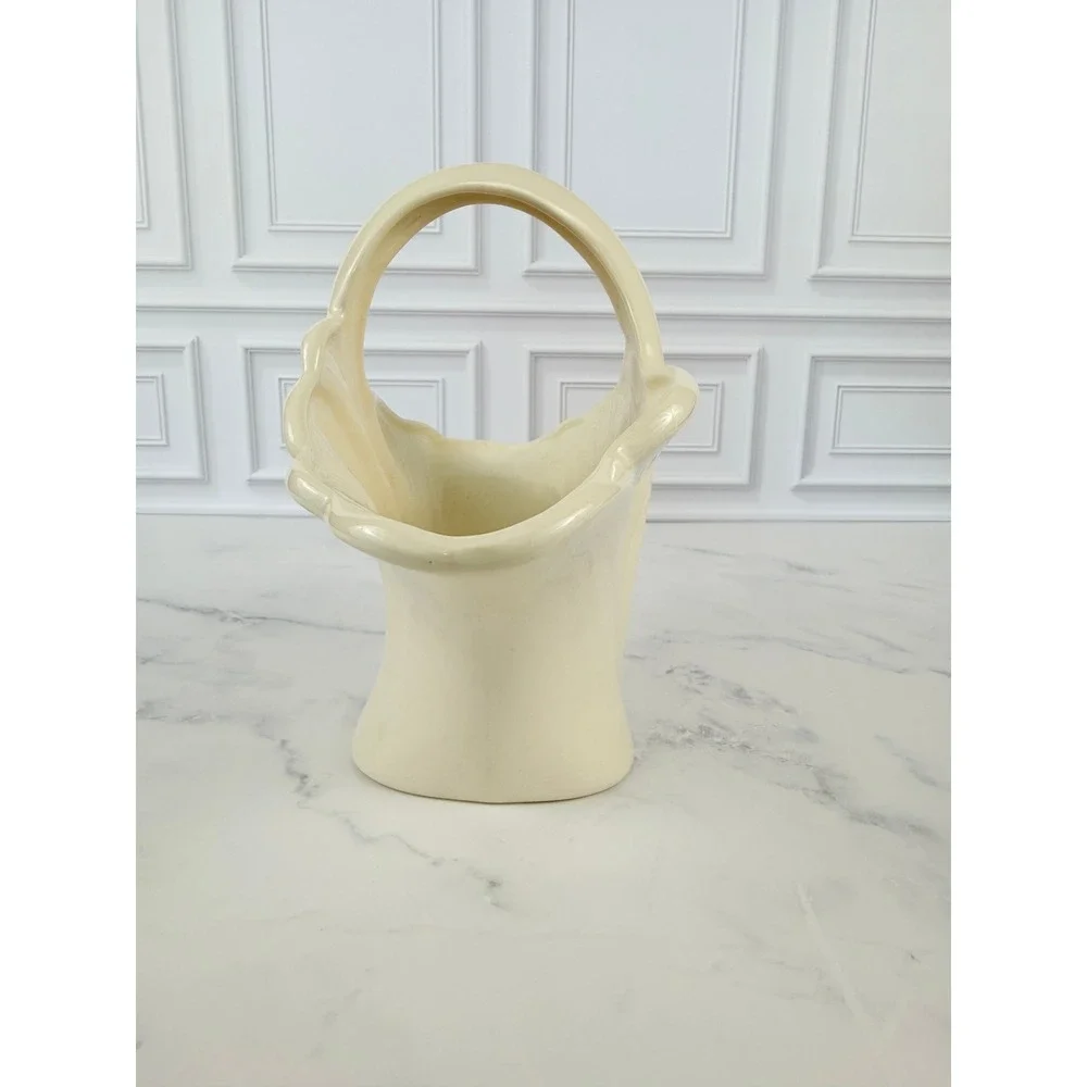 VTG Hand Glazed Ceramic White Basket 7 1/2 tall X 4 1/2 wide X 9